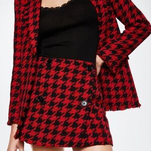 MANGO Red and Black Houndstooth Skirt